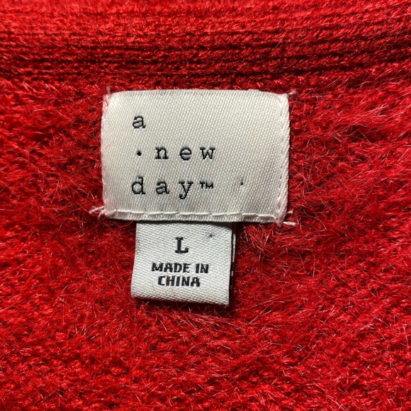 A New Day Red Deep V neck Eyelash Sweater Sz L - Picture 6 of 6